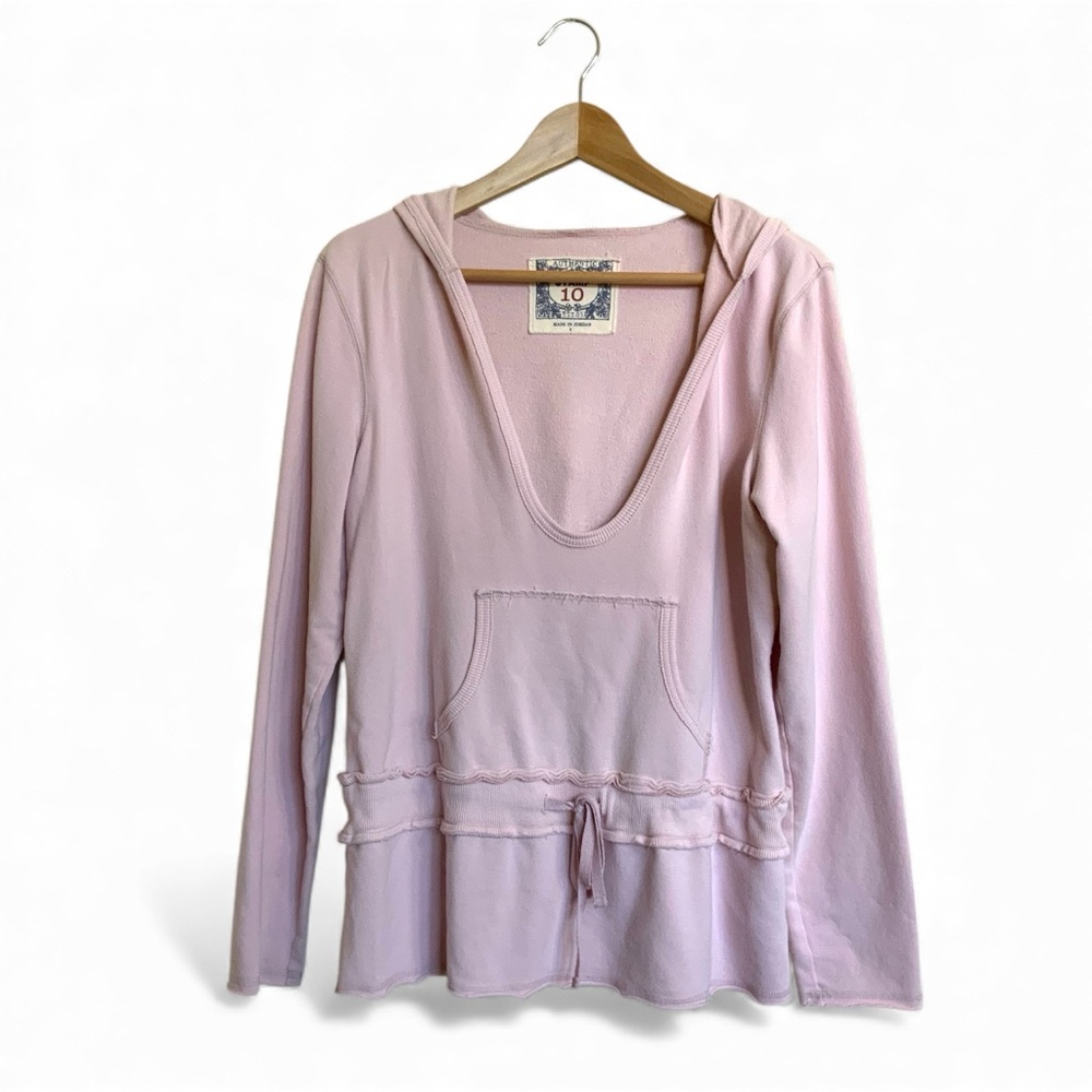 Cotton Spandex Light Pink Hoodie Tunic, Size L Large, Kangaroo Pocket, Tie Waist